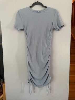 Twik by Simons Light Blue Ribbed Ruched Drawstring T-Shirt Mini Dress